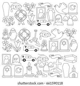 Funeral thin line icon. Set of funeral objects Doodle vector icons RIP