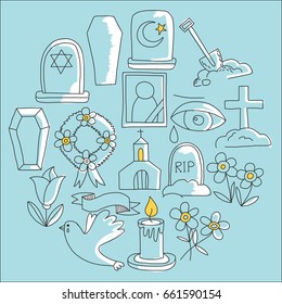 Funeral thin line icon. Set of funeral objects Doodle vector icons RIP