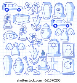 Funeral thin line icon. Set of funeral objects Doodle vector icons RIP
