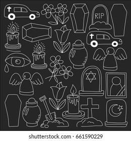 Funeral thin line icon. Set of funeral objects Doodle vector icons RIP