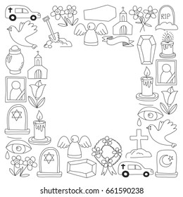 Funeral thin line icon. Set of funeral objects Doodle vector icons RIP