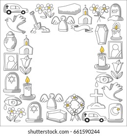 Funeral thin line icon. Set of funeral objects Doodle vector icons RIP