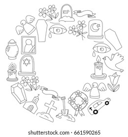 Funeral thin line icon. Set of funeral objects Doodle vector icons RIP