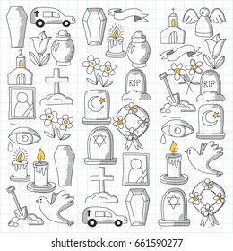 Funeral thin line icon. Set of funeral objects Doodle vector icons RIP