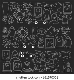 Funeral thin line icon. Set of funeral objects Doodle vector icons RIP