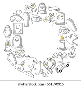 Funeral thin line icon. Set of funeral objects Doodle vector icons RIP