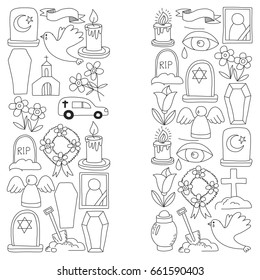 Funeral thin line icon. Set of funeral objects Doodle vector icons RIP