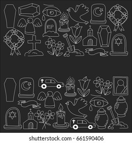 Funeral thin line icon. Set of funeral objects Doodle vector icons RIP