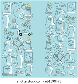 Funeral thin line icon. Set of funeral objects Doodle vector icons RIP