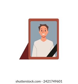 Funeral traditions. A photo of a departed loved one framed with black ribbon. Vector isolated flat illustration.