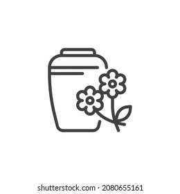 Funeral Urn And Flowers Line Icon. Linear Style Sign For Mobile Concept And Web Design. Urn Of Ashes Outline Vector Icon. Symbol, Logo Illustration. Vector Graphics