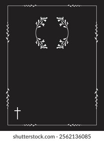 Funeral vector card. Empty card. Black and white frame with leaves