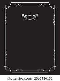 Funeral vector card. Empty card. Black and white frame with church cross and leaves