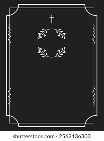 Funeral vector card. Empty card. Black and white frame with leaves and text