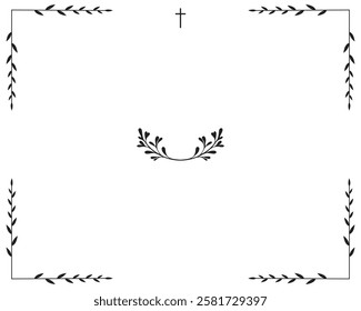 Funeral vector card. Empty card with black cross and leaves. Photo frame