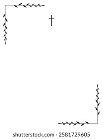 Funeral vector card. Empty card with black cross and leaves frame