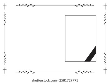 Funeral vector card. Empty card with black cross in the corners and photo frame with black ribbon