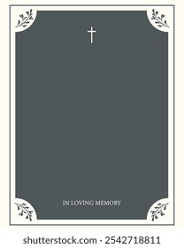 Funeral vector card. Empty card. Digital Funeral Announcement Invitation Template in vector Illustrator. Cross at dark background