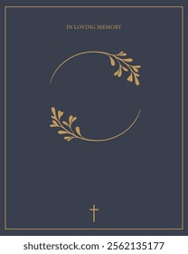 Funeral vector card. Empty card. Gold frame with leaves on the centre