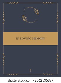 Funeral vector card. Empty card with gold frame for text and photo