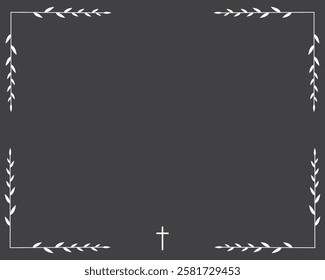 Funeral vector card. Empty card with white cross and leaves