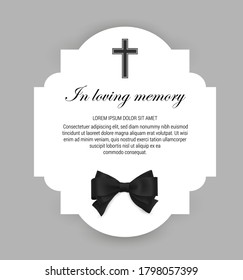 Funeral vector card, obituary memorial frame, necrologue or tomb engraving template. Funerary card with typography in loving memory, christian cross and black mourning neck tie, funeral condolence