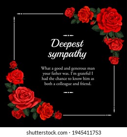 Funeral vector card with red rose sketch flowers. Obituary poster with engraved floral decoration, deepest sympathy typography. Vintage card with blossoms border, funeral frame with roses and leaves