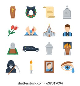 Funeral vector icon set in a flat style. Ritual services, funeral agency concept illustration. Funeral accessories wreath, coffin, candles, urn for ashes, tombstone, will.