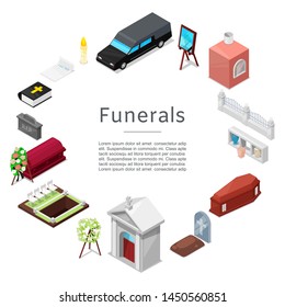 Funeral vector icon set in isometric style for posters. Ritual services. Funeral accessories wreath, coffin, candle, urn for ashes, tombstone, bible and chapel with cross, hearse vehicle.