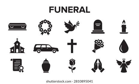 Funeral vector illustration set featuring various black silhouette icons representing mourning ceremonies including coffins wreaths doves gravestones candles churches hearses crosses bouquets teardrops certificates urns roses praying hands and angels displayed in a clean organized professional graphic design layout suitable for memorial service materials and digital projects