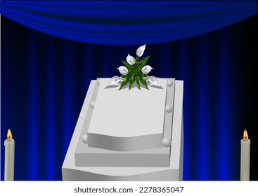 funeral vector illustration. white coffin in a mortuary with a flower arrangement
