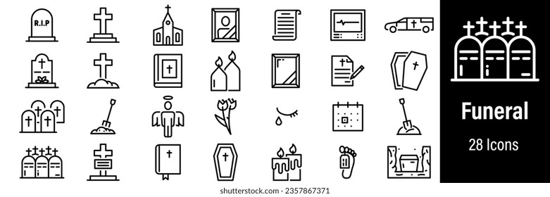 Funeral Web Icons. Hearse, Coffin, Gravestone, Bible, Church. Vector in Line Style Icons