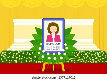 Funeral of woman in Thai style at indoor temple, vector art