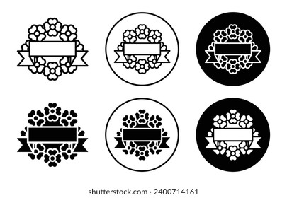 Funeral wreath icon. death ceremony tombstone ornament flower wreath garland decoration logo sign. floral wreath garland with ribbon at burial graveyard event symbol set. funeral wreath of flower sign