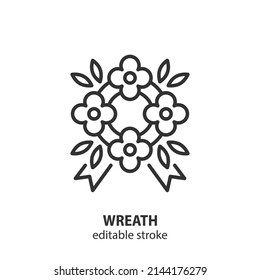 Funeral Wreath Line Icon. Memorial Flowers Wreath Symbol. Editable Stroke. Vector Illustration.