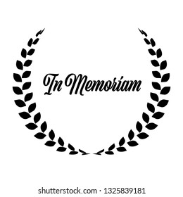 Funeral wreath with In Memoriam label. Rest in peace. Simple flat black illustration.