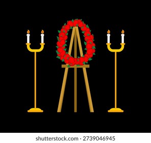 Funeral wreath with two candelabras. Memorial service elements: red roses and golden candles on a dark background. Vector design for somber events.