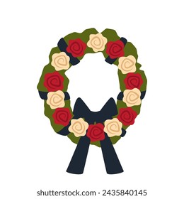 Funeral wreath with white and red roses and a mourning ribbon. Funeral ceremony symbol, stock vector illustration