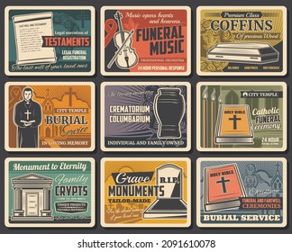 Funerals, burial service, crematorium and coffins, RIP memorial monuments, vector retro posters. Funeral farewell ceremony music, columbarium urns, death testaments and floral wreath for graves