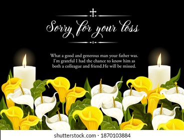 Funerary Card With Candles And Calla Lilies. Funeral Banner, Obituary Frame With White And Yellow Arum Flowers, Christian Cross, Flaming Candles Engraved Vector. Obituary Condolence For Memorial Card