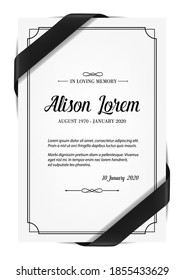 Funerary card with obituary condolence and mourning ribbon. Obituary card layout, mortuary plate vector template, sepulchral plaque with in memoriam necrologue and black silk ribbon over corners