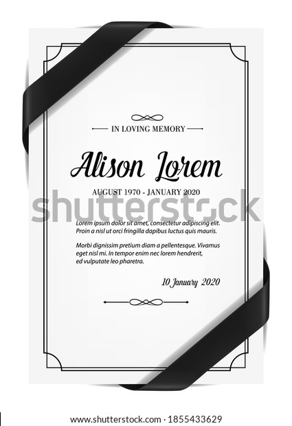 Funerary card with obituary condolence and
mourning ribbon. Obituary card layout, mortuary plate vector
template, sepulchral plaque with in memoriam necrologue and black
silk ribbon over
corners