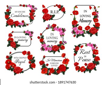 Funerary round and square frames, borders with flowers. Funeral vector card decorations set with roses flowers and buds, red poppy, azaleas and clover blossom. Obituary memorial frames with condolence