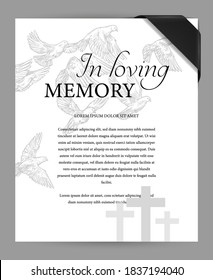 Funereal Card Design Template With Black Mourning Ribbon On Corner, Cemetery Graves Crosses And Flying Doves Engraved Vector. Funeral Ceremony Invitation Or Memorial Plate With Obituary Condolences