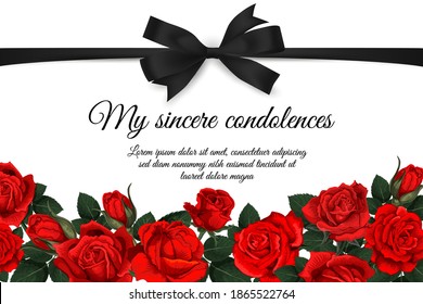 Funereal Card With Mourning Ribbon And Roses. Obituary Poster, Condolence Card With Black Ribbon Bow, Red Rose Flowers, Buds And Leaves Engraved Vector. Memorial Plaque Or Funeral Plate
