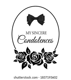 Funereal Card With Roses Flowers And Black Neck Tie. Funeral Frame With Mournful Condolence Typography. Mourning Memorial Card With Flowers Bloom And Leaves Silhouette Vector