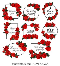 Funereal floral borders with red roses. Mourning card decor with roses flowers, leaves and buds engraved vector. Funerary frame with floral arrangement and RIP, in loving memory condolences lettering