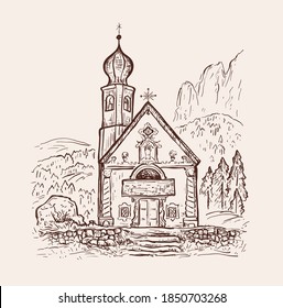 Funes Valley, Dolomites, Italy. Chiesetta di San Giovanni church. Italy, Europe. Santa Maddalena. Sketch vector illustration. Vintage design for t-shirt print, postcard, poster, cover