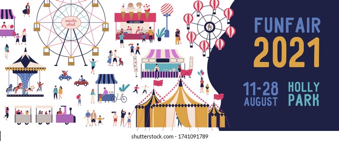 Funfair 2021 banner vector illustration in flat style. Promo of amusement park with various attractions and tiny people isolated. Announcement of family entertainment holiday with place for text