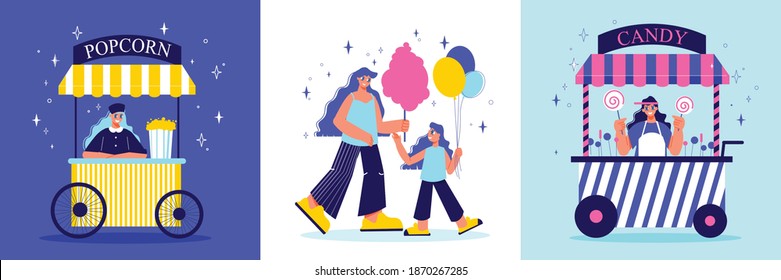 Funfair amusement park design concept with three square compositions of doodle characters sweets and market stalls vector illustration
